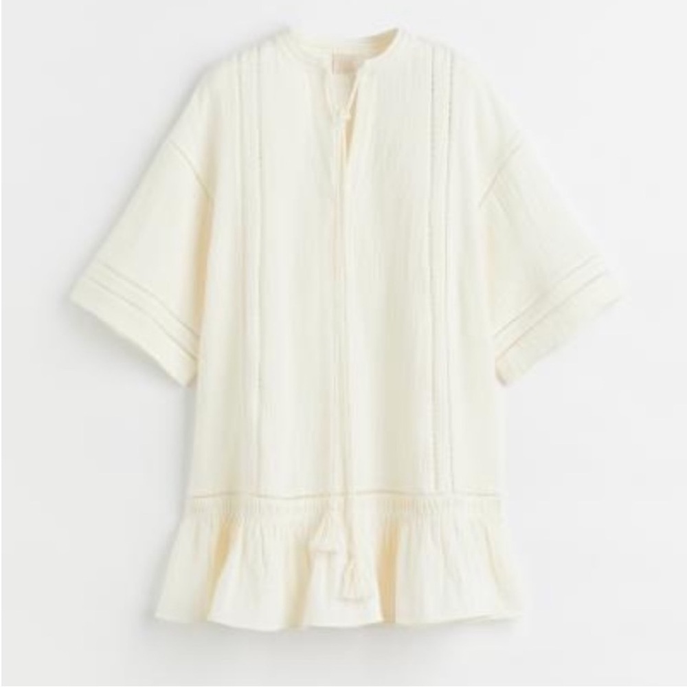 H&M Short Kaftan Dress Ivory Cotton Textured Dress Sz XS Loose Fit - Picture 4 of 10